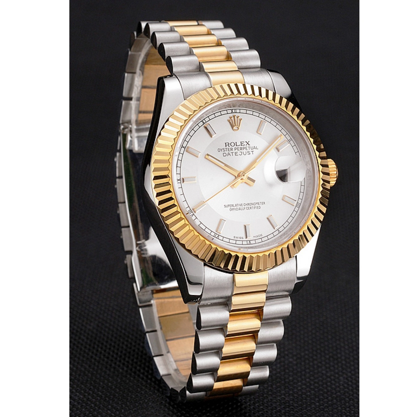 Aaa replica watch Rolex White Two Gold Tone Case Swiss Stainless Steel Bezel Bracelet Datejust Gold Dial 0806